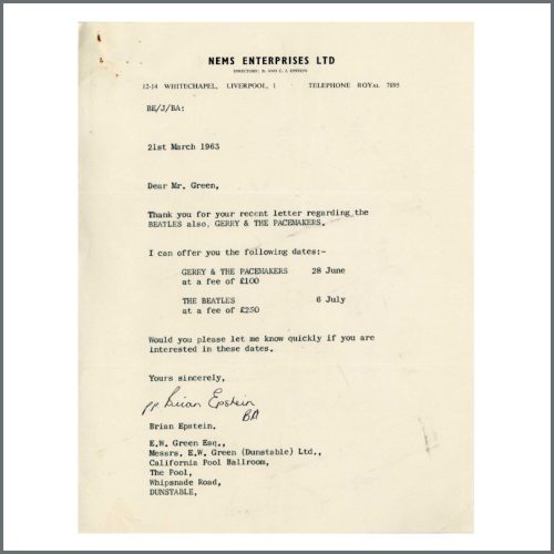 NEMS ENTERPRISES Brian Epstein letter about the Beatles and Gerry and the Pacemakers