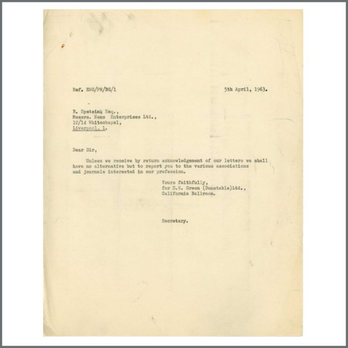 Lot 65 - The Beatles 1963 Cancelled Dunstable Performance Contract With Brian Epstein Signed Letters & Correspondence (UK) - Image 7