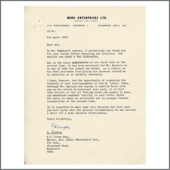 Lot 65 - The Beatles 1963 Cancelled Dunstable Performance Contract With Brian Epstein Signed Letters & Correspondence (UK) - Image 8