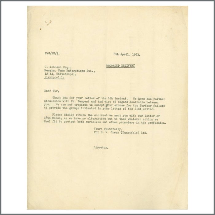 Lot 65 - The Beatles 1963 Cancelled Dunstable Performance Contract With Brian Epstein Signed Letters & Correspondence (UK) - Image 9