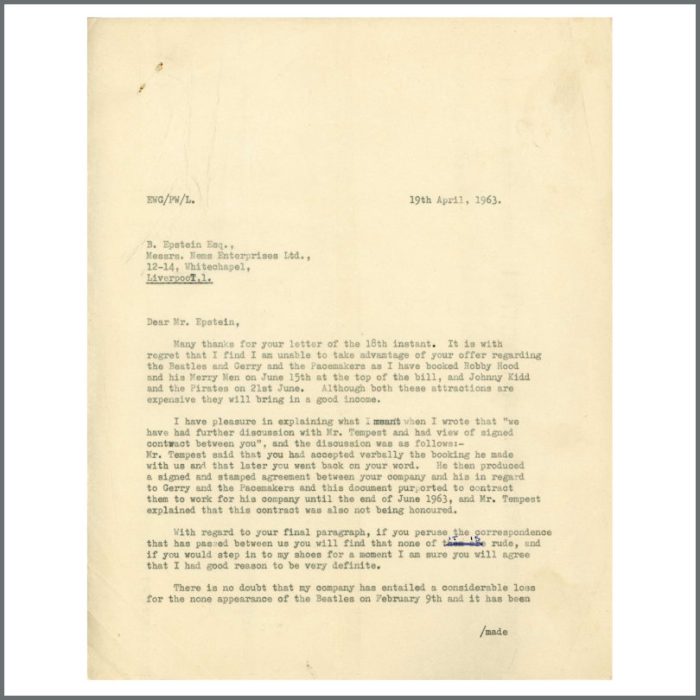 Lot 65 - The Beatles 1963 Cancelled Dunstable Performance Contract With Brian Epstein Signed Letters & Correspondence (UK) - Image 13