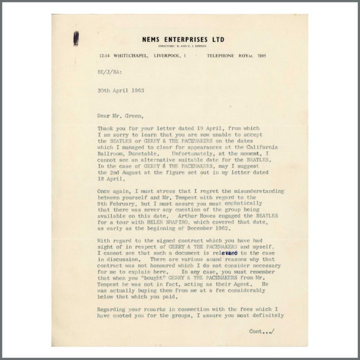 Lot 65 - The Beatles 1963 Cancelled Dunstable Performance Contract With Brian Epstein Signed Letters & Correspondence (UK) - Image 15